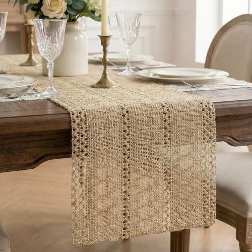 Burlap Boho Table Runner Macrame Brown 48in Farmhouse Woven Runner - color: Brown, size: 12'' x 48''
