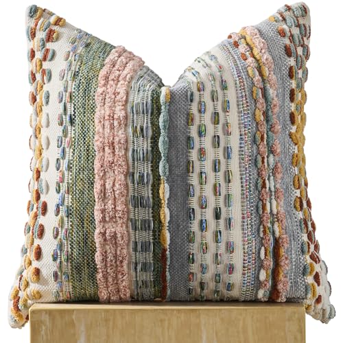 AmHoo Chenille Tufted Striped Textured Boho Throw Pillow Covers Aesthetic Woven Decorative Pillow Case for Couch Bed Sofa Bedroom Modern Funky 18 x 18-Inch Multicolor - color: Multicolor, size: 18" x 18" (Pack of 1)
