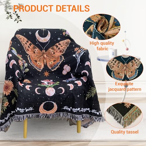 Moon Phase Butterfly Boho Woven Throw Blanket for Couch Bed Lounge Chair Hippie Room Decor Bedspread Boho Vintage Throws Blankets Outdoor Blanket Aesthetic Wall Hanging Celestial Bedroom Decor 51”x59” - color: Woven Moon Butterfly