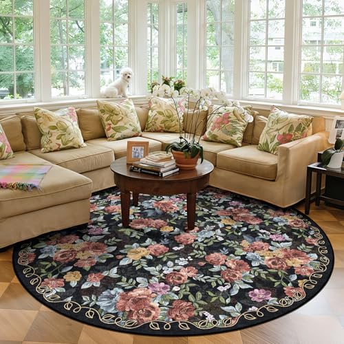 Washable 6ft Round Area Rug, Navy Boho Floral Non-Slip for Living Room - color: Dark Navy, Dusty Rose, Mustard and Blue Grey, size: 6' (Round)
