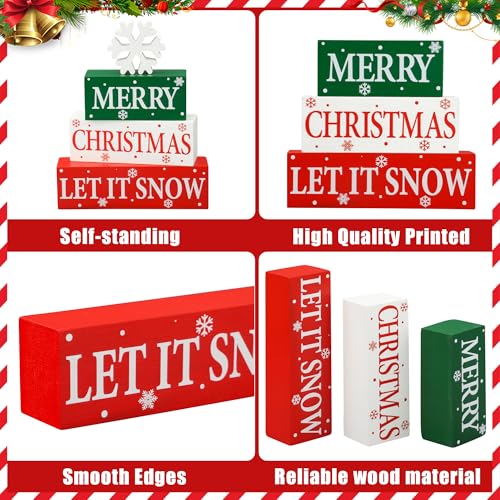 4 Pcs Merry Christmas Wooden Tabletop Decor Let It Snow Table Centerpiece Snowflake Table Sign Xmas Tiered Tray Decor Red Green Wood Block for Xmas Holiday Home Office Kitchen Desk Shelf Decors