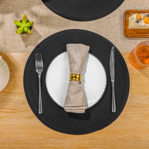 SHACOS Round Braided Placemats Set of 4 Heavy Cotton Polyester Washable Round Table Mats for Dining Tables 15 inch Non Slip Heat Resistant (Black, 4) - color: Black, size: Set of 4