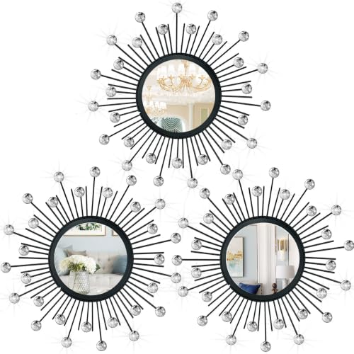 3 Pack Metal Mirror for Wall Sunburst Wall Mirror Black Crystal Home Accent - color: Black Crystal