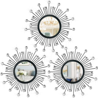 3 Pack Metal Mirror for Wall Sunburst Wall Mirror Black Crystal Home Accent - color: Black Crystal