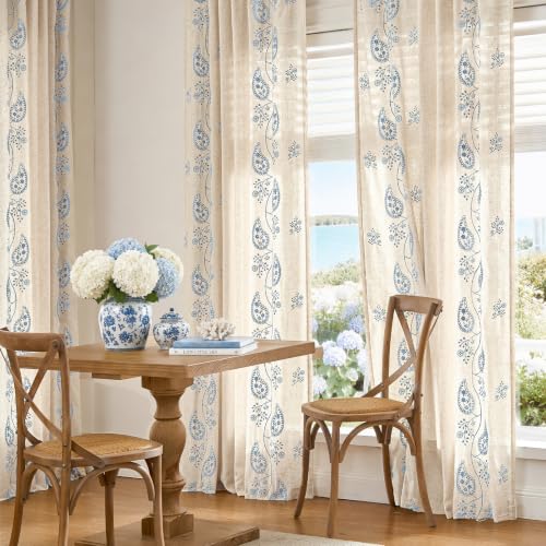 jinchan Linen Curtains 84 Inch Blue Floral Drapes Back Tab 2 Panels Set - color: Blue on Beige, size: 50"W x 84"L (Pack of 2)