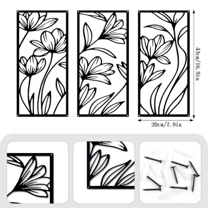YIYA 3 Pcs Black Metal Flower Wall Art Minimalist Floral Line Art Sculpture 16.9" x 7.9" Rustic Iron Hanging Decor for Living Room Bedroom Bathroom（Lily） - style: lily