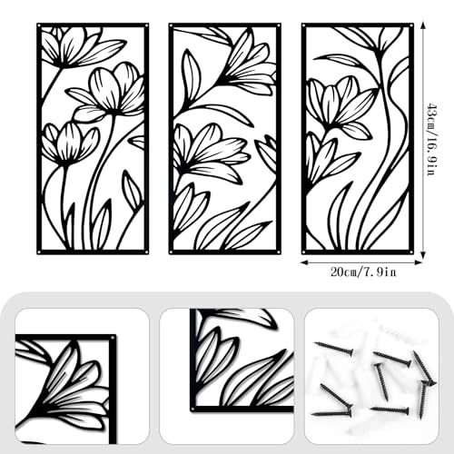 YIYA 3 Pcs Black Metal Flower Wall Art Minimalist Floral Line Art Sculpture 16.9" x 7.9" Rustic Iron Hanging Decor for Living Room Bedroom Bathroom（Lily） - style: lily