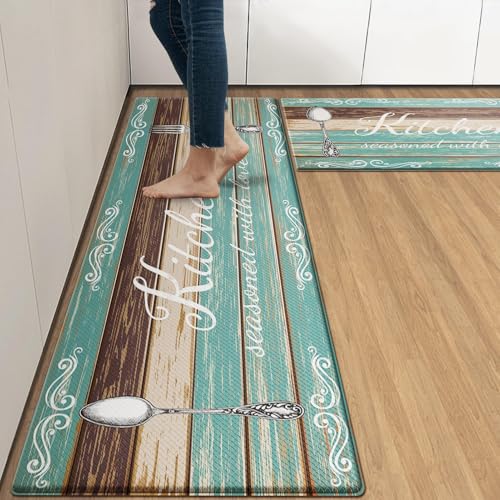 Arttown Anti-Fatigue Kitchen Rug Set of 2, Waterproof Non-Slip, Farmhouse - color: Teal Tablespoon Kitchen Mat, size: 17.3 x 47 inch + 17.3 x 29 in