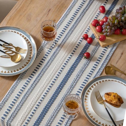 Caflife Blue and Beige Woven Rustic Boho Table Runner 108 Inchs Long - color: Blue, size: 13x108Inch