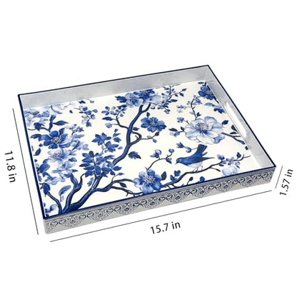 Serving Tray with Handles, 15.7 * 11.8 inches, Plastic Ottoman Tray with Exquisite Paintings, Trays for Coffee Table - color: Blue Sparrow