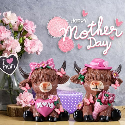 Karenhi 2 Pcs Highland Cow Figurines Resin, Mothers Day Decor Tabletop - style: Mother's Day
