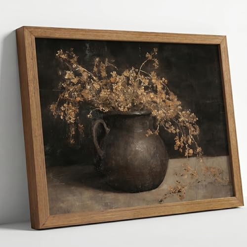 DGBQMK Vintage Wall Art Moody Dark Academia Decor Rustic Floral Oil Painting Print Still Life Golden Flowers Framed Wall Decor for Living Room Bedroom, Solid Wood Frame 12x16 inch - color: gold, size: 16"Lx12"W