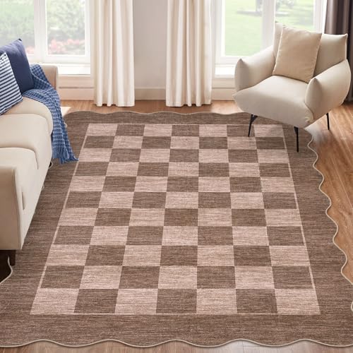 Garvee 9x12 Washable Rugs for Living Room Checkered Scalloped Rug, Brown - color: Scalloped - Brown, size: 9' x 12' (Rectangular)
