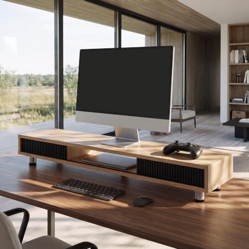 Fenge Dual Monitor Stand with Storage, Desk Shelf with Glass Sliding Door - color: Dark Oak