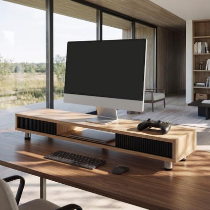 Fenge Dual Monitor Stand with Storage, Desk Shelf with Glass Sliding Door - color: Dark Oak