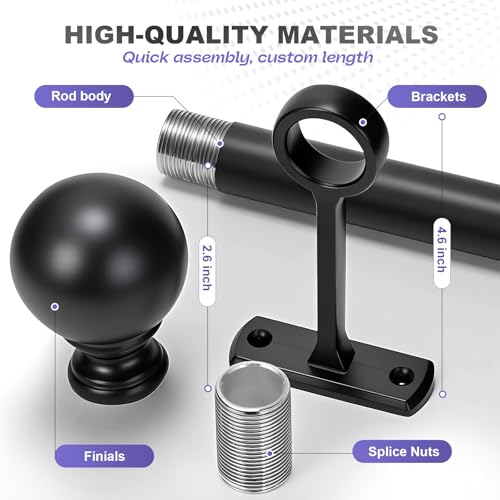 Heavy Duty 1 Inch Adjustable Curtain Rod for Windows & Room Dividers - Steel Construction, 50 lb Weight Capacity, Indoor/Outdoor Use, 30-168 Inch Matte Black - size: 30" - 168"