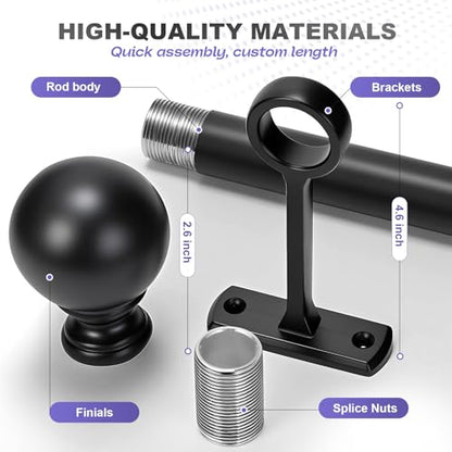 Heavy Duty Steel Curtain Rod 1 Inch Diameter - Adjustable 30-144 Inches for Windows, Room Dividers and Indoor/Outdoor Use - Rust-Resistant Matte Black Finish, Sturdy Metal Brackets Included - size: 30" - 144"