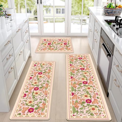 3 PCS Vintage Floral Kitchen Mats, Anti-Fatigue Floor Rugs, Pink - color: Pink, size: 18''x30''+18"x48"+18"x60"