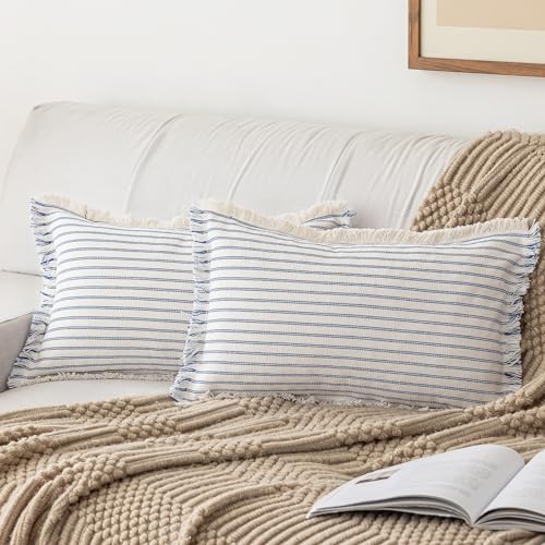 YEENAASY Throw Pillow Covers 12x20 Boho Striped Pillow Cases with Tassel - color: Blue, size: 20" x 12" (Pack of 2)