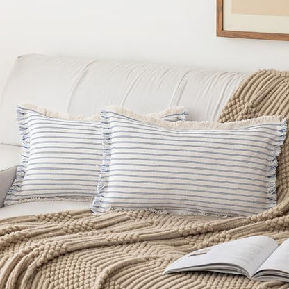 YEENAASY Throw Pillow Covers 12x20 Boho Striped Pillow Cases with Tassel - color: Blue, size: 20" x 12" (Pack of 2)