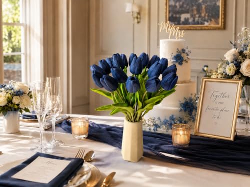 Mandy's 20 Stems Navy Blue Artificial Tulip Flowers for Home Centerpieces - color: Navy Blue