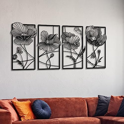 4 Pcs Black Metal Flower Wall Art Minimalist Floral Decor, Elegant - style: Elegant