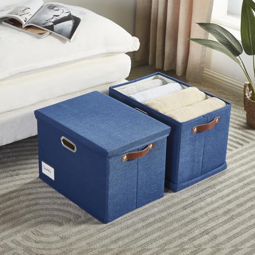 15" Fabric Storage Box with Lids, 3-Pack, Navy - color: Navy, size: Medium-15"