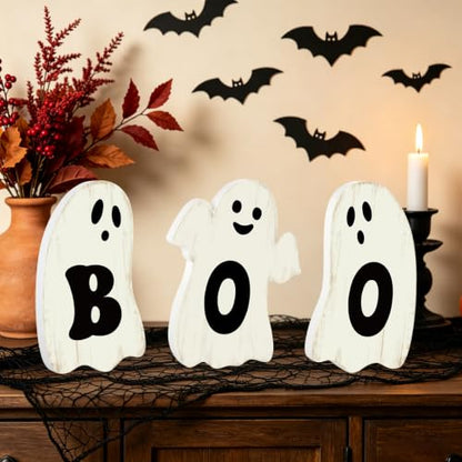 3 Pcs Halloween Table Decorations Indoor Halloween Ghost Decorations Wooden Boo Signs Rustic Halloween Table Centerpiece for Home Shelf Mantel Tabletop Windowsill Party