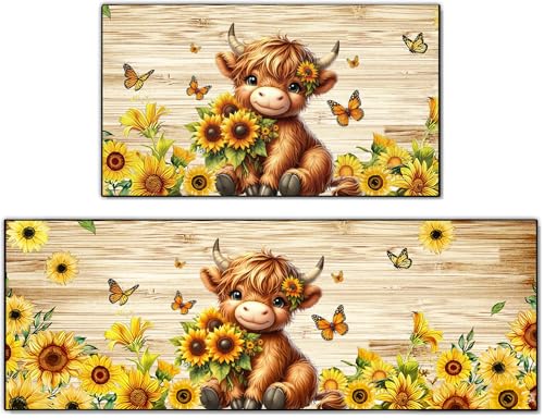 Farmhouse Highland Cow Kitchen Decor Mats Set of 2,Sunflower Farmhouse Runner Rugs for Kitchen Floor, Decorative Absorbent and Washable Non Slip Door Mat 17"x47"+17"x30" - color: Sunflower Highland Cow