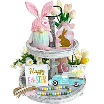 Easter Decorations, 5Pcs Easter Gnome Tiered Tray Decor, Glitter Easter Wood Signs, Truck Full of Eggs, Easter Bunny Gnome, Spring Easter Bead Garland, Rustic Farmhouse Spring Easter Decor - style: Easter