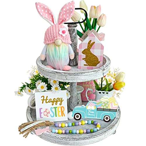 Easter Decorations, 5Pcs Easter Gnome Tiered Tray Decor, Glitter Easter Wood Signs, Truck Full of Eggs, Easter Bunny Gnome, Spring Easter Bead Garland, Rustic Farmhouse Spring Easter Decor - style: Easter