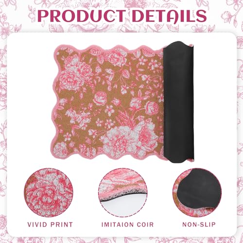 Dunzy Pink Doormat Cute Floral Outdoor Scalloped Welcome Faux Coir Mat - style: Pink Floral