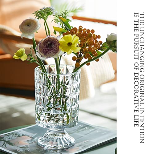 7 Inch Modern Glass Vase with Embossed Ribbed Base - Clear Hydroponic Design for Home Decor, Weddings Party Living Room, Dining Table Floral Arrangement Centerpiece - color: Diamond Pattern Style