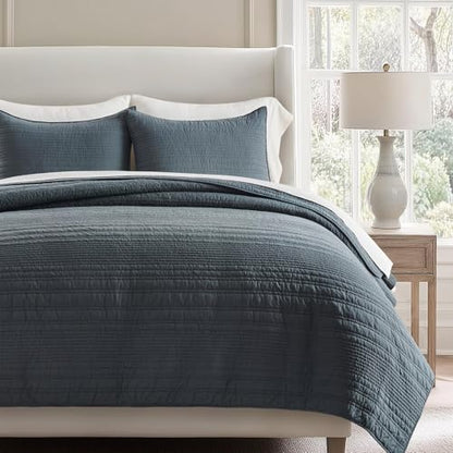 EVERGRACEHOME 100% Cotton Modern Lines Quilt Set King Size, Midnight Blue - color: Midnight Blue, size: King (108" X 92")