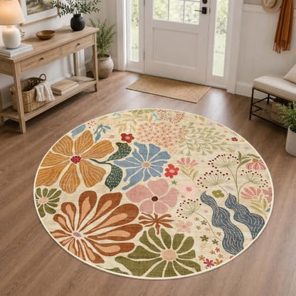 MUJOO Round Rug 4ft Small Circle Area Rug Washable Non Slip Floral Beige - color: Beige, size: 4' (Round)