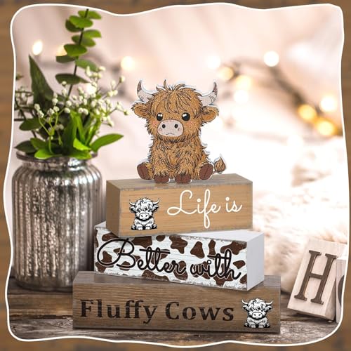 Geelin 4 Pcs Highland Cow Table Decorations Cow Wooden Tiered Tray Signs - style: Cattle