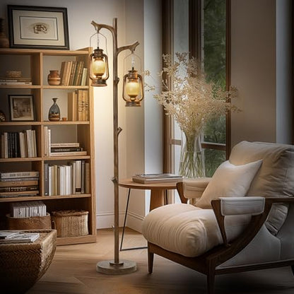 Scenekoy 68" Rustic Tree Trunk Floor Lamp with Lantern, Stepless Dimmable - color: Brown