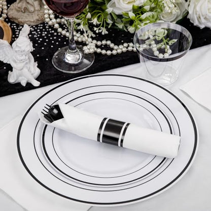 WELLIFE 350Pcs Black Plastic Dinnerware with Pre Rolled Napkins, Include:50 Dinner Plates, 50 Dessert Plates, 50 Paper Napkins, 50 Cups, 150 Plastic Cutlery - color: Black, style: 350PCS（50 Guests）