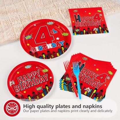 Grencian 96 Pcs Spider 4th Birthday Party Decorations, Serves 24 - style: Spider 4th Birthday Kit