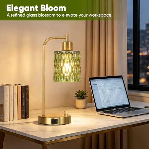 Table Lamps Set of 2, Green Glass Dimmable Bedside Lamps for Living Room - color: Gold&Green-3