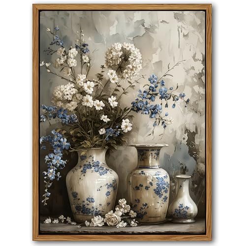 Floating Framed Farmhouse Floral Canvas Wall Art, Vintage Blue and White Flower Pictures Wall Decor, Elegant Art Jar Posters Print for Living Room Bedroom Bathroom Rustic Decor 8x10 inch - color: Blue and white porcelain flowers, size: 10"L x 8"W