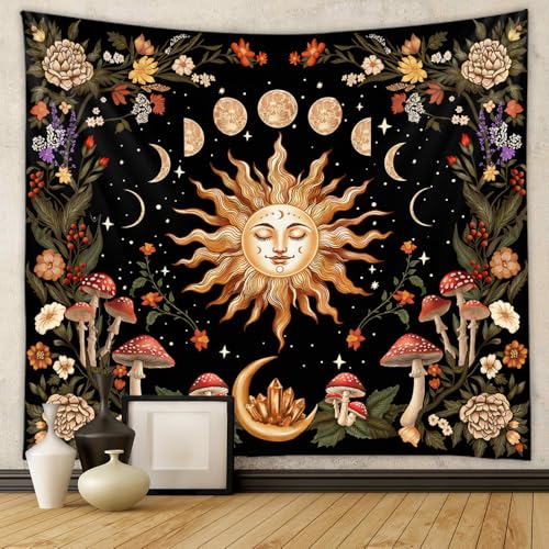 Jhdstore Burning Sun Wall Tapestry for Bedroom Moon Phase Tapestry Wall Hanging Witchy Room Decor Botanical Flowers Tapestries Aesthetic Fabric Posters for Bedroom Living Room Decor 36” x 48” - color: Botanical Sun Moon, size: 48"L x 36"W