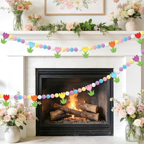 Jansun 8.2 FT 3D Spring Colorful Tulip Floral Felt Pre-Strung Garland - color: Multicolor Tulips