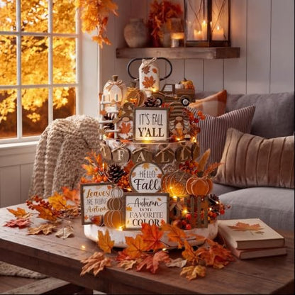 Shellwei 20 Pcs Fall Tiered Tray Decor Set, Thanksgiving Wooden Table Sign - style: Pumpkin