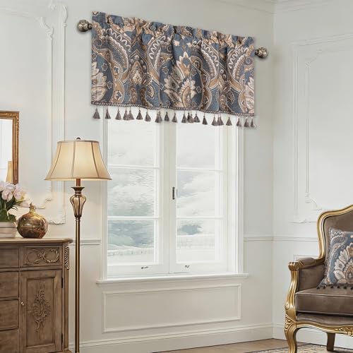 Loom and Mill European Damask Valances for Windows, Gray-Blue+Brown,54"x18" - color: Gray-blue+brown