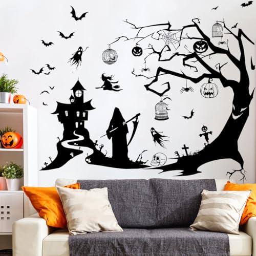 Halloween Wall Sticker Black Tree Branches Wall Decal Peel and Stick Horror Bat Wall Decor Halloween Castle Ghost Wall Stickers for Living Room