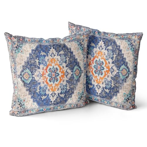 Snycler Blue Boho Throw Pillow Covers Set of 2 Monaco Rug Carpet Double Sided Pattern Cotton Soft Pillow Case Cushion Cover Pillowcase for Garden Couch Sofa Bed Decorative 18x18 inch - color: Blue, size: 18" x 18" (Pack of 2)
