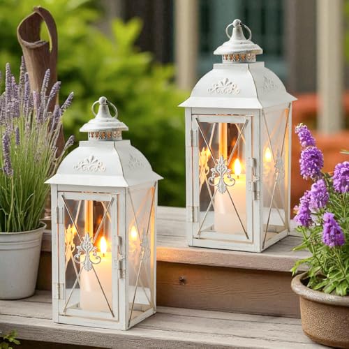 TRIROCKS Set of 2 Vintage Hanging Lantern - 13.5'' Decorative Metal & Tempered Glass Candle Holder - Ideal for Indoor/Outdoor Events, Patio, Garden, Parties White & Gold Brush Finish - color: White, size: 13.5 inches | Set of 2