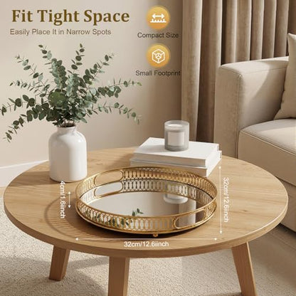 Serving Tray, Gold Perfume Tray 12.6"x1.6" Mirrored Vanity Tray Glass Metal Trinket Storage Tray Decorative Jewelry Tray for Dresser Bathroom Countertop (Round) - size: 12.6"