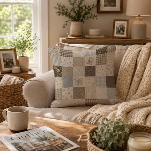 Neutral Farmhouse Floral Patchwork Throw Pillow Cover 18x18 - color: Chocolate